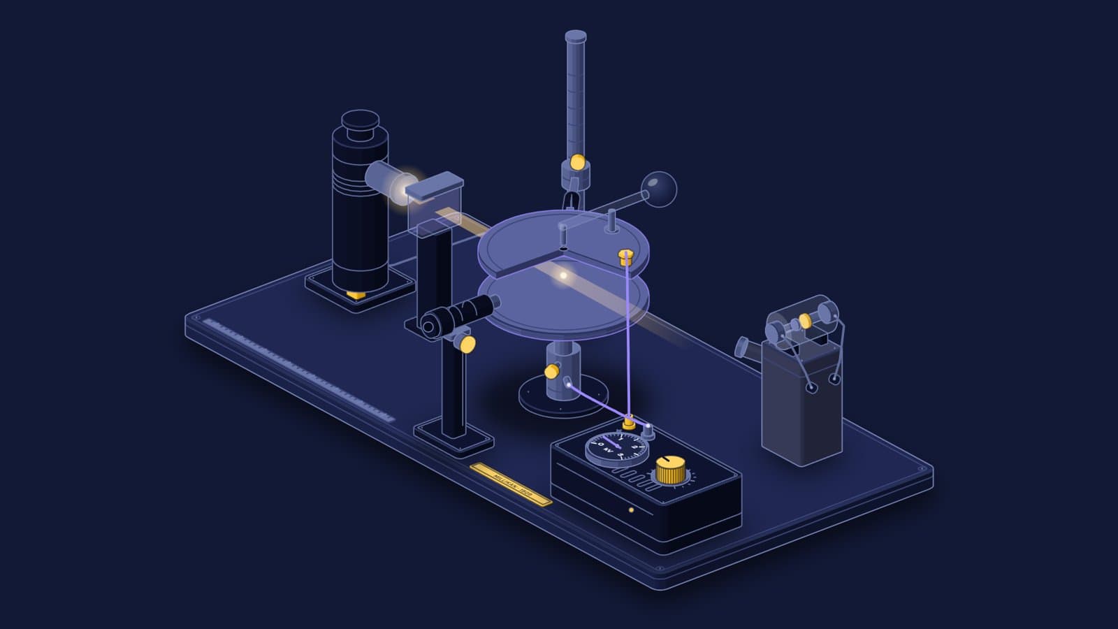 Tezgâh üstünde Millikan düzeneğinin izometrik çizimi: iki yatay metal levha, atomizer, lamba, mikroskop, X ışını tüpü ve voltmetreli gerilim kaynağı