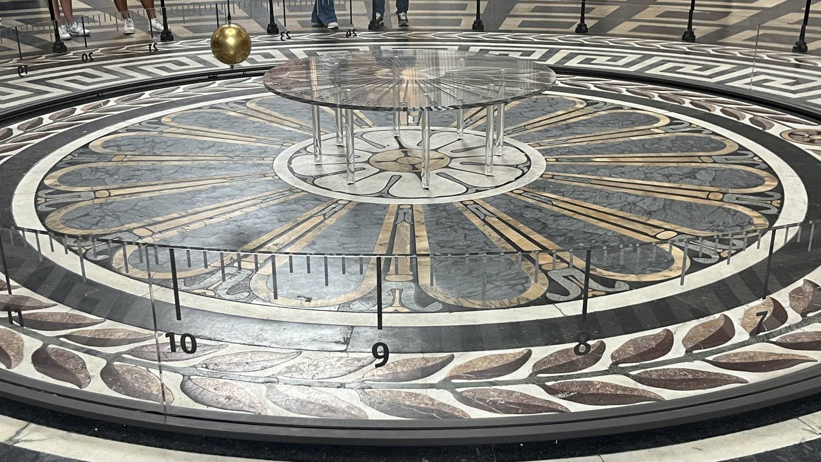 Paris'teki Panthéon'da zeminde dönen daireler üzerinde sallanan Foucault sarkacı